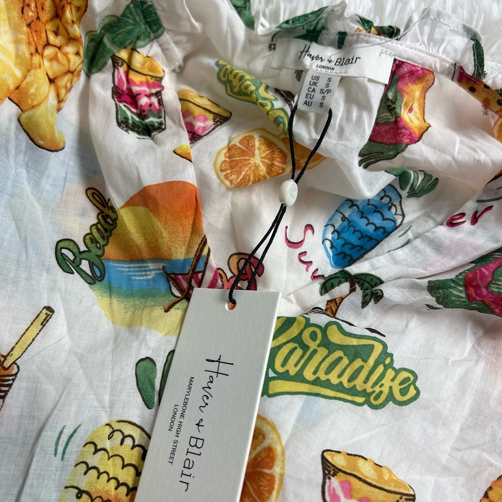 Haver & Blair cotton Tropical Fruit Print Tie-Front Blouse short sleeve Small - Picture 6 of 7
